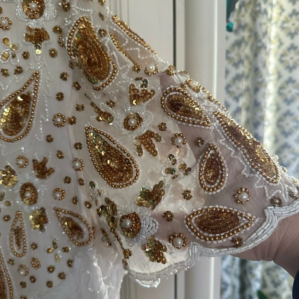 Vintage Lawrence Kazar Silk Beaded Sequined White And Gold Evening Dress Size L - Picture 3 of 7